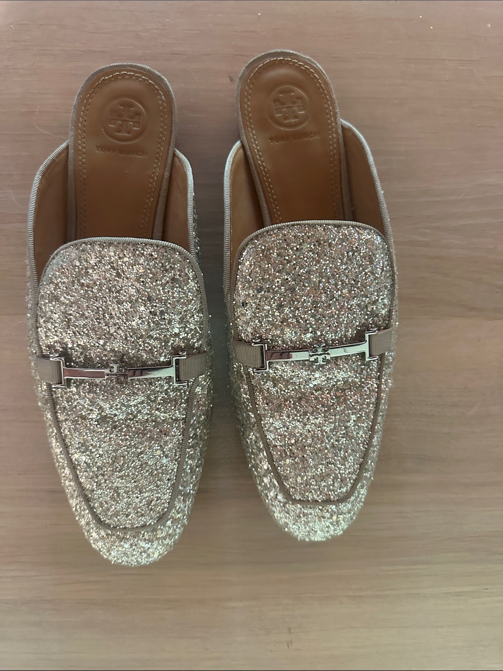 Tory Burch Glitter Backless Mules in Gold